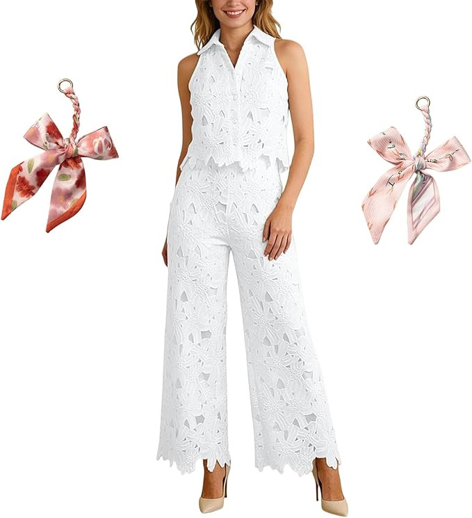 2026 New Women's Two-Piece Floral Lace Lapel Vest Top–Elegant Lace Pants Sets Women 2 Piece Out... | Amazon (US)