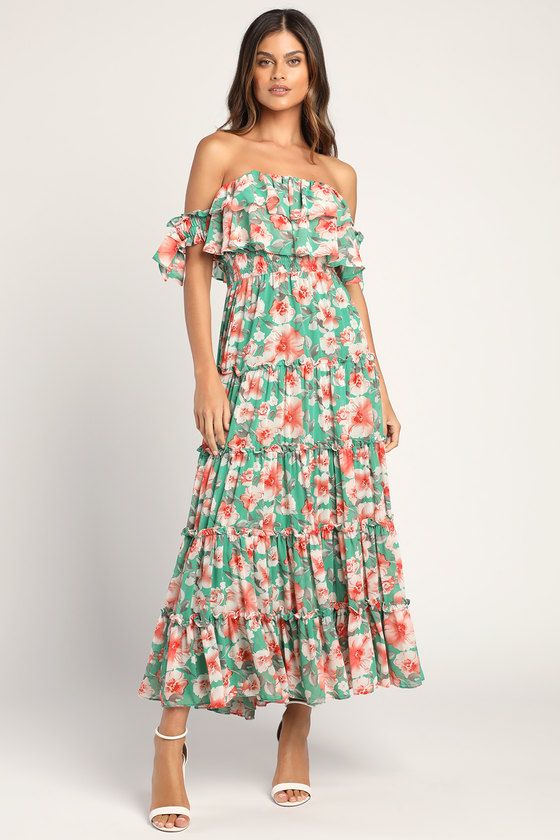 Chance For Us Green Floral Off-the-Shoulder Ruffled Maxi Dress | Lulus