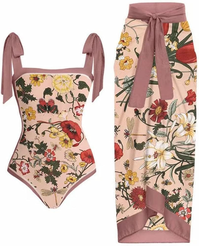 IDOPIP Women's One Piece Swimsuit with Beach Cover up Wrap Skirt Sarong Retro Floral Print Bikini... | Amazon (US)