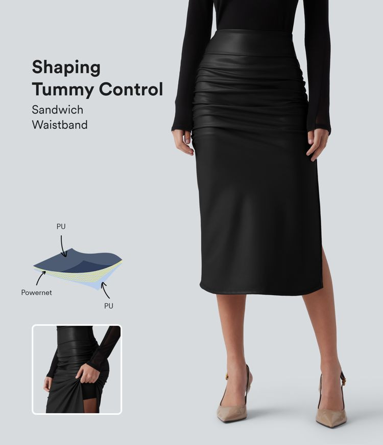 Women’s High Waisted Tummy Control Ruched Curved Hem 2-in-1 Fleece PU Midi Casual Skirt - Halar... | HALARA