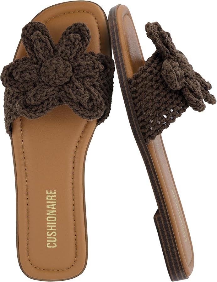 CUSHIONAIRE Gemma Knit Flat Slides for Women, Square Toe Sandals with Woven Flower Detail and Mem... | Amazon (US)
