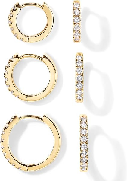 PAVOI 18K Gold Plated 925 Sterling Silver Post, 3 Pairs Small Gold Hoop Earrings Set | Mini Carti... | Amazon (US)
