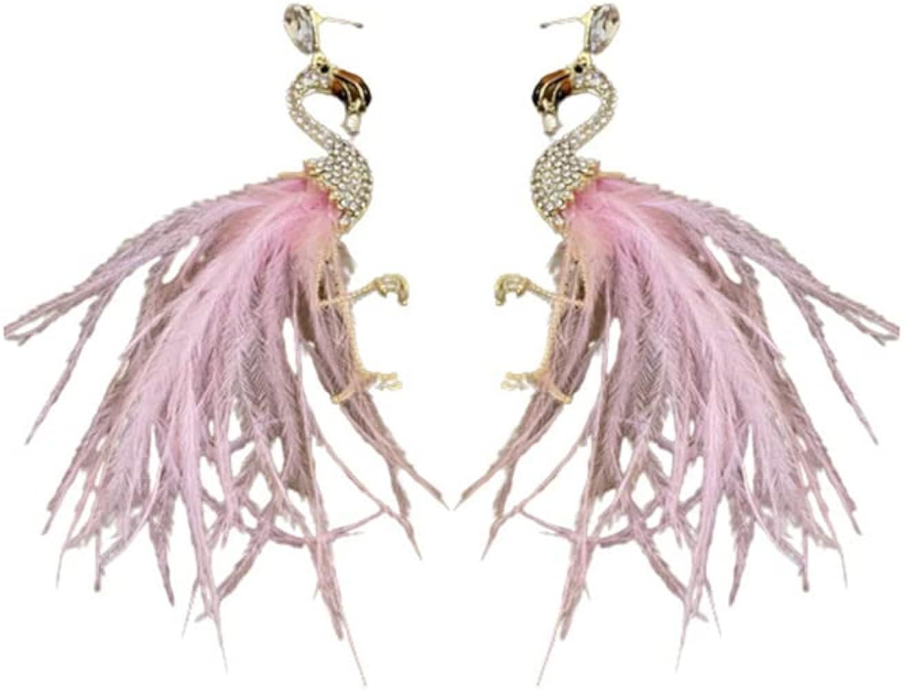 Pink Feather Flamingo Statement Dangle Drop Earrings 14K Gold Plated Cubic Zirconia Large Bird Bo... | Amazon (US)