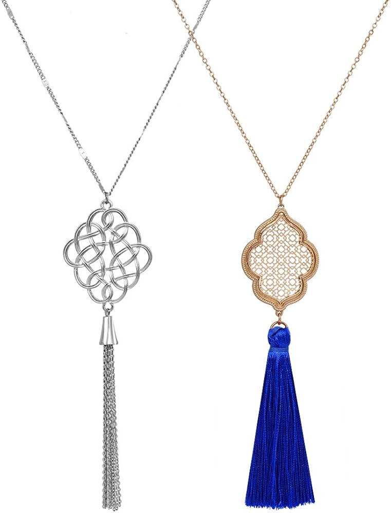 2Pcs Long Chain Pendant Necklace Set, Filigree Quatrefoil and Celtic Knot Pendant Tassel Y Neckla... | Amazon (US)
