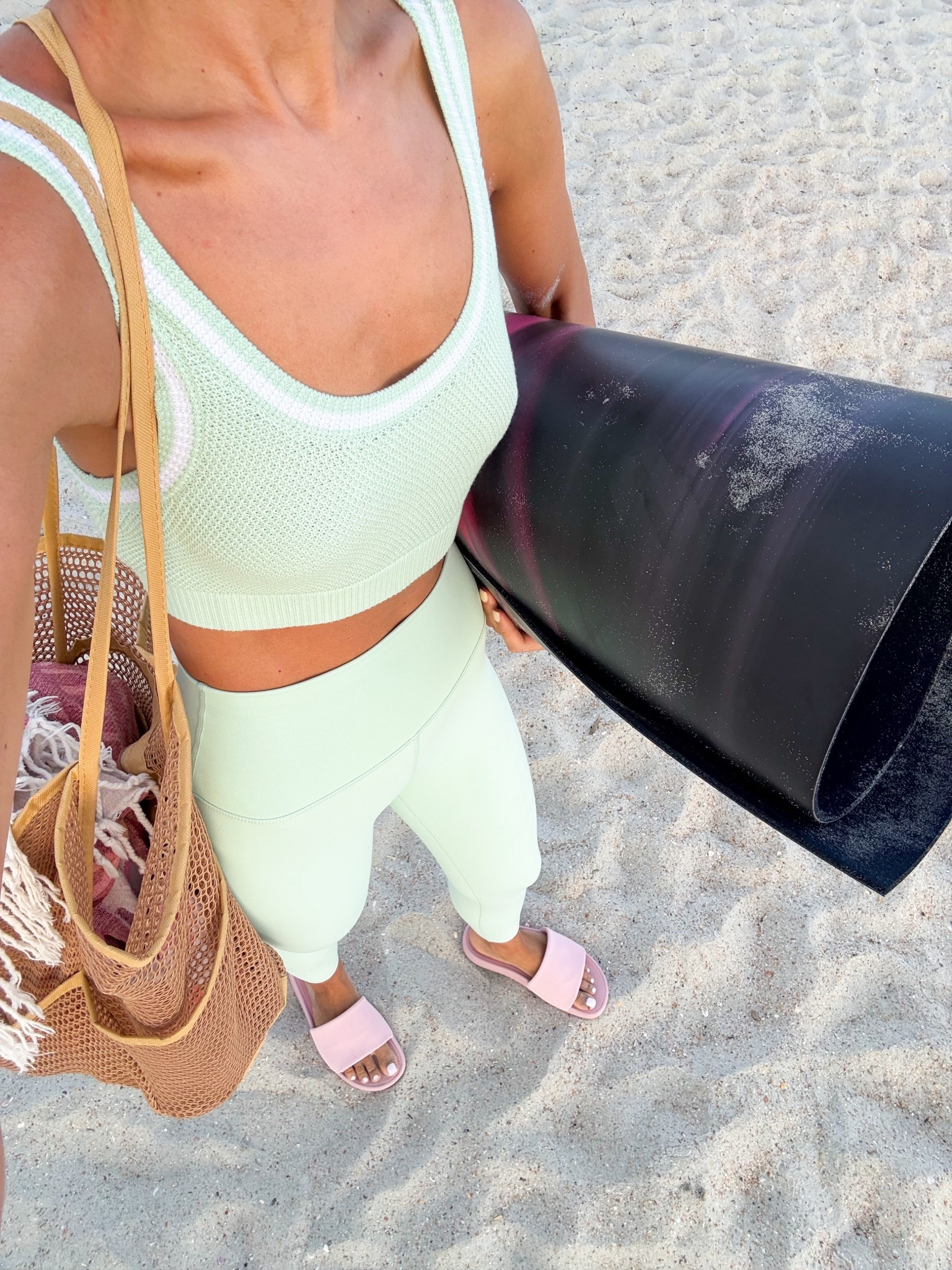 Pure Barre outfit. Pilates outfit. Matching workout set. New alo set in color spearmint. Alo 7/8 high-waist airbrush leggings in XXS. Sweater knit bra in XXS. Lululemon slide sandals - whole sizes only. I’m a 6.5 and did a 7.

#LTKFindsUnder100 #LTKActive #LTKShoeCrush