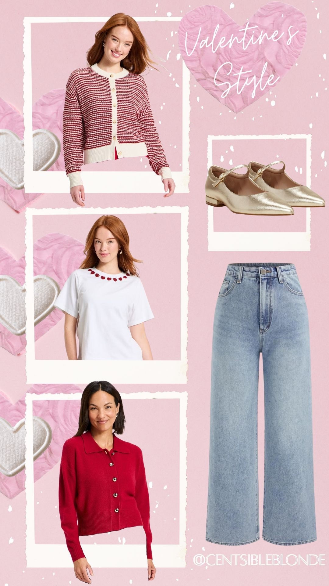 Valentine’s Day outfit, galentines Day, outfit, winter style, winter outfit, heart sweater, heart shirt, gold flats, Mary Jane flats, wide leg jeans, high waisted jeans, short length denim, button down cardigan, red sweater

#LTKootd #LTKMidsize #LTKValentine