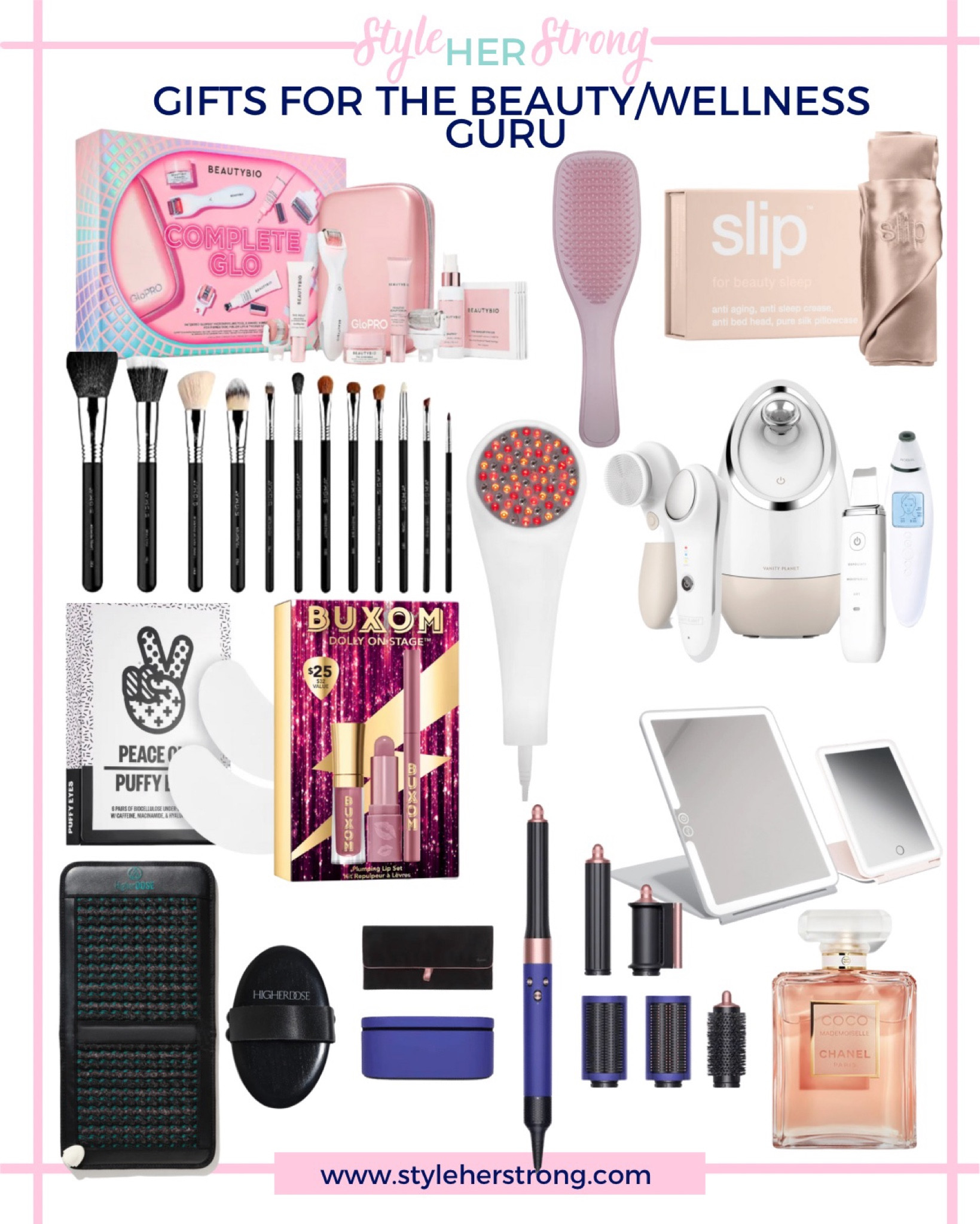 Beauty gifts: light stim for wrinkles and acne, beauty mirror, slip silk pillowcase, makeup brushes, dyson, under eye mask, infrared mat, dry brush 

#LTKGiftGuide #LTKHoliday #LTKbeauty