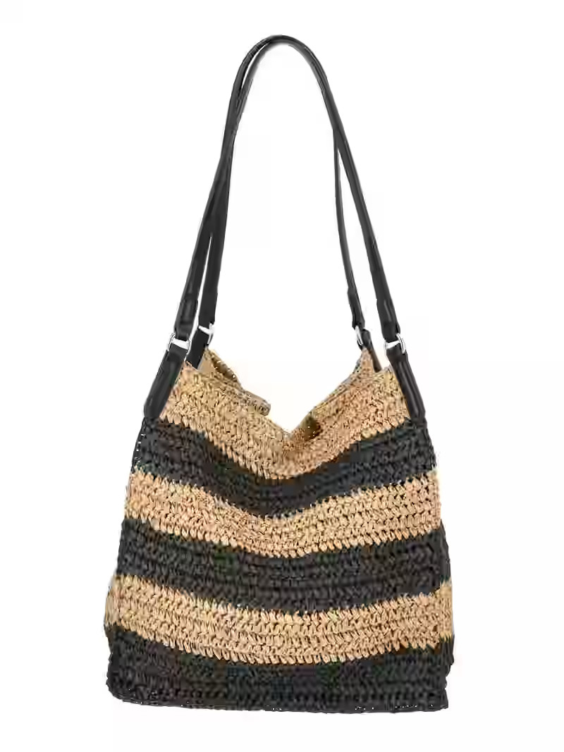 Time and Tru Women's Packable Straw Tote, Stripe | Walmart (US)