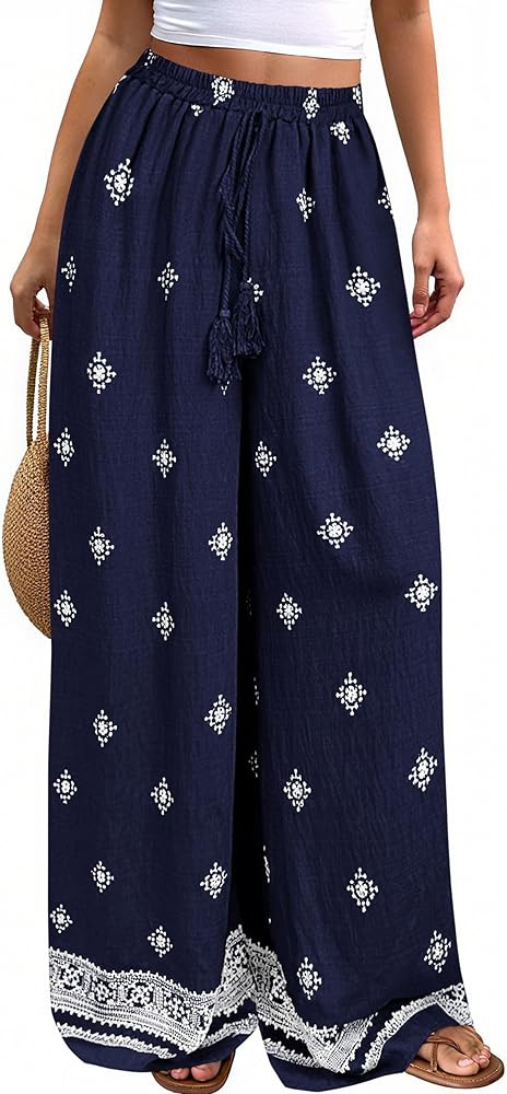 PRETTYGARDEN Women's Wide Leg Palazzo Pants 2026 Summer Boho Floral Trousers Spring Flowy Beach V... | Amazon (US)