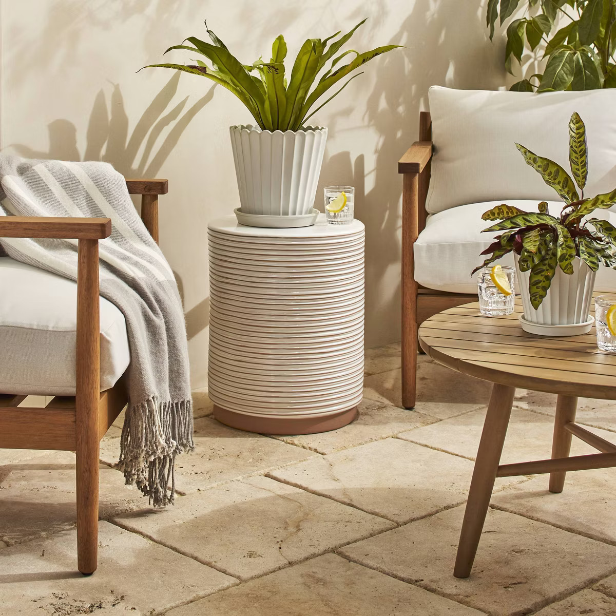 Scallop-Fluted Stoneware Indoor/Outdoor Planter Pot with Saucer Cream - Hearth & Hand™ with Mag... | Target