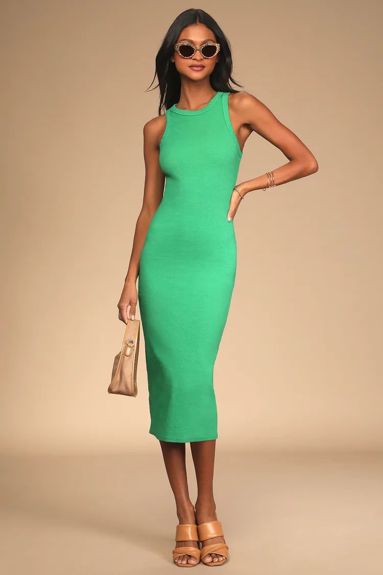 Majorly Trendy Green Ribbed Bodycon Midi Dress | Lulus