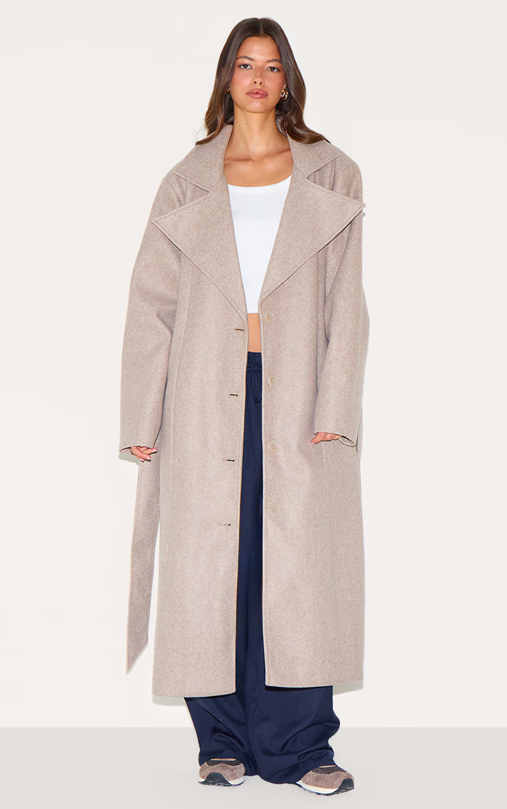 Taupe Oversized Wool Look Trench Coat | PrettyLittleThing UK