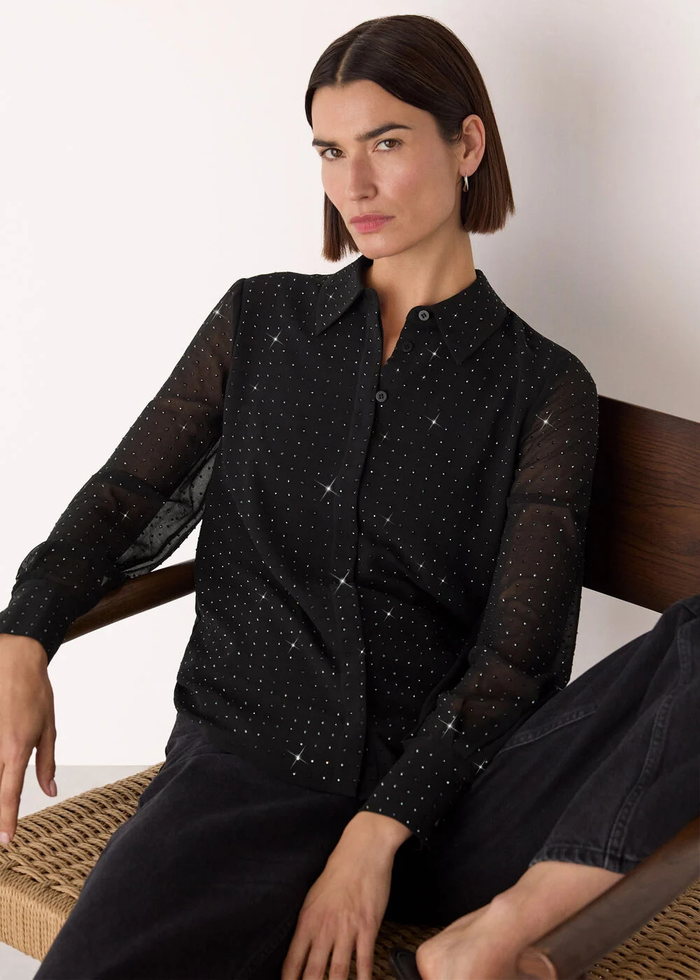 Black Hot Fix Sheer Shirt | WHISTLES | Whistles UK | | Whistles