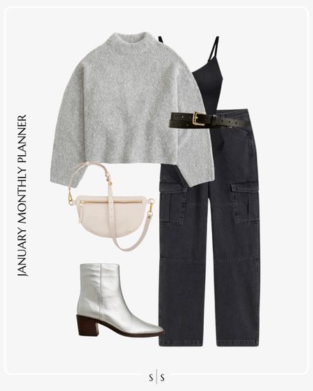 Monthly outfit planner: JANUARY: Winter looks | mock neck Doleman sweater, bodysuit, cargo straight jean, metallic boot, belt bag 

See the entire calendar on thesarahstories.com ✨ 


#LTKstyletip