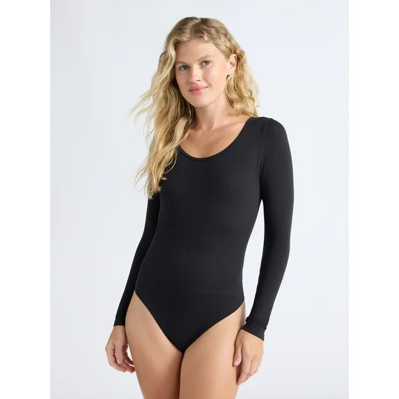 Joyspun Women's Seamless Scoop Neck Thong Bodysuit with Long Sleeves, Sizes XS-3XL | Walmart (US)