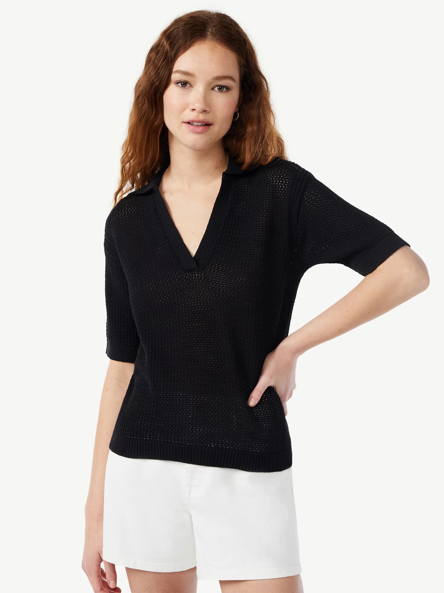 Free Assembly Women's Crochet Polo Sweater with Short Sleeves - Walmart.com | Walmart (US)