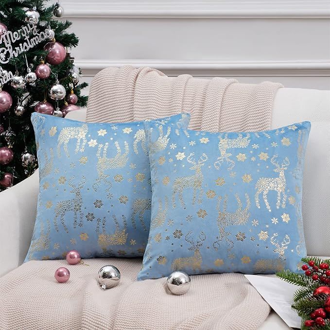 Amazon.com: Topfinel Christmas Throw Pillow Covers 18x18 Set of 2, Light Blue and Gold Christmas ... | Amazon (US)
