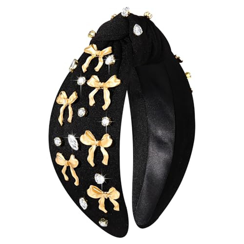 vokone Bow Headband Gold Bow Embellished Knotted Headband Jeweled Crystal Headband Hair Accessories Gold Black | Amazon (US)