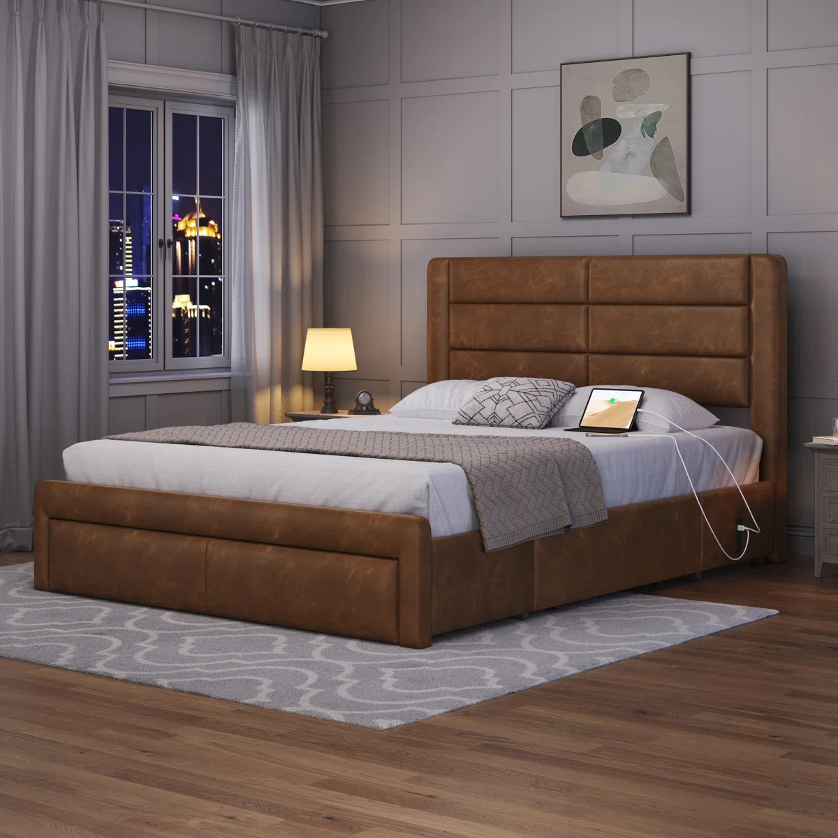 Avelle Vegan Leather Metal Platform Storage Bed with 3 Storage Drawers and Built-In USB Ports | Wayfair North America