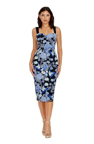 Dress the Population Women's Nicole Blue Butterfly Bloom Embroidery, Midi, Bodycon, Sweetheart Neck Dress, Cobalt Multi, Medium | Amazon (US)