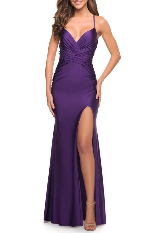 La Femme Intricate Criss-Cross Ruched Bodice Prom Dress in Royal Purple at Nordstrom, Size 00 | Nordstrom