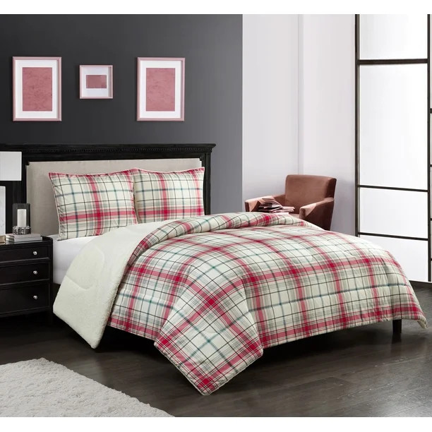 Mainstays Cozy Flannel Reverse to Super Soft Sherpa 3 Piece Comforter Set, Full/Queen, Red and Gr... | Walmart (US)