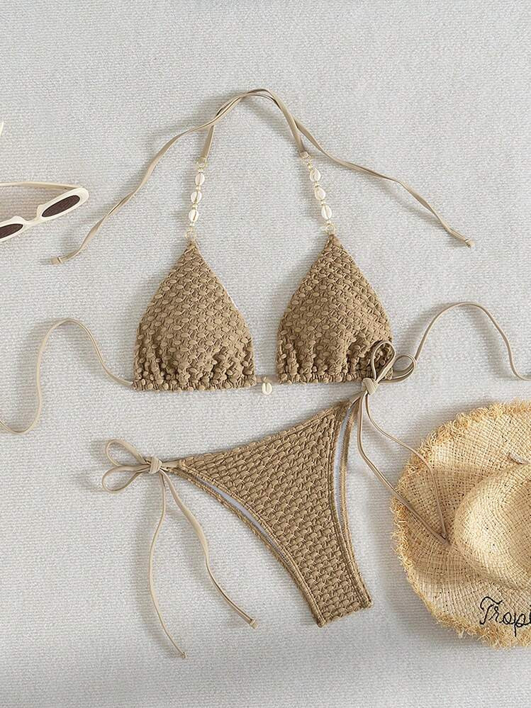 SHEIN Swim Summer Beach Solid Color Textured Triangle Cup Bikini Set With Knotted Front And Side Tie Detail Music Festival Matching Set | SHEIN
