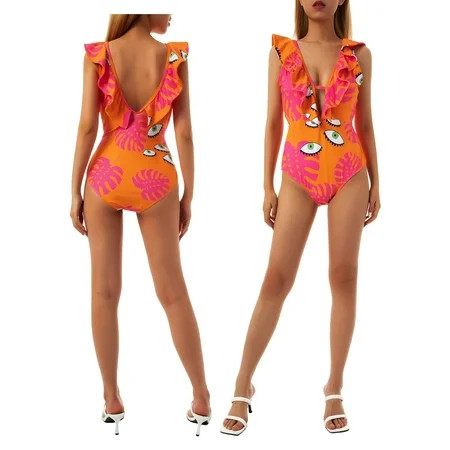 ZIYIXIN Female One-Piece Swimsuit Eyes Leaves Print V-Neck Sleeveless Ruffle Swimwear | Walmart (US)