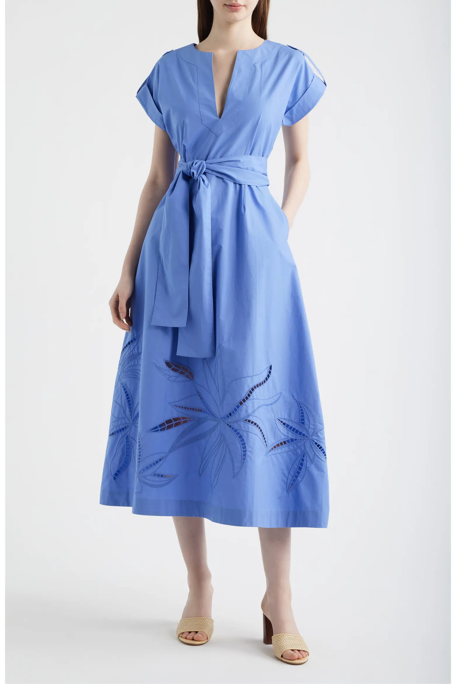 Vince Camuto Ladder Stitch Embroidered Tie Belt Cotton Poplin Midi Dress (Women) | Nordstrom | Nordstrom