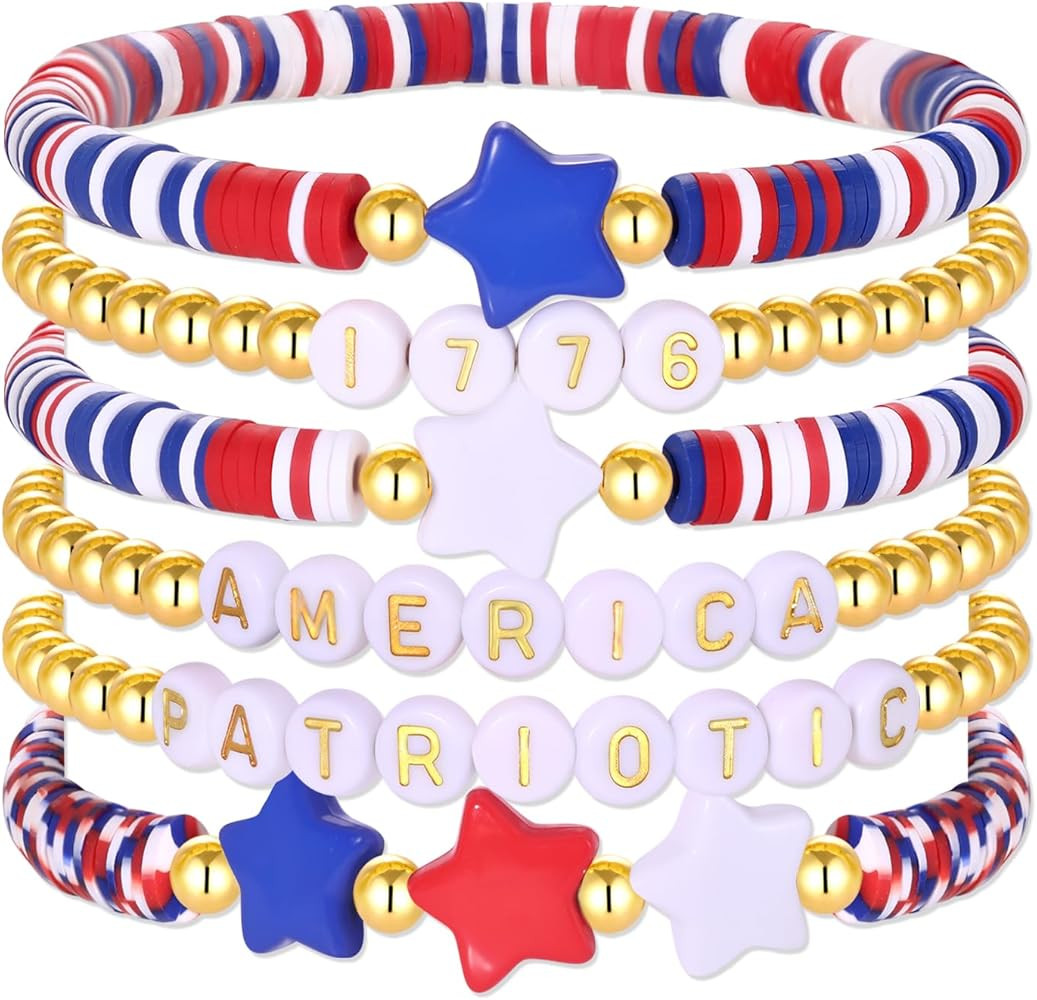 FAERLIIRY 4th of July Bracelets Red White Blue Bracelets American Flag USA Clay Beaded Bracelet H... | Amazon (US)