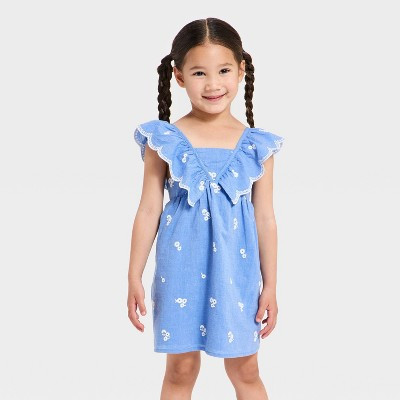 Toddler Girls' Chambray Embroidered Flowers Woven Dress - Cat & Jack™ Blue 2T | Target