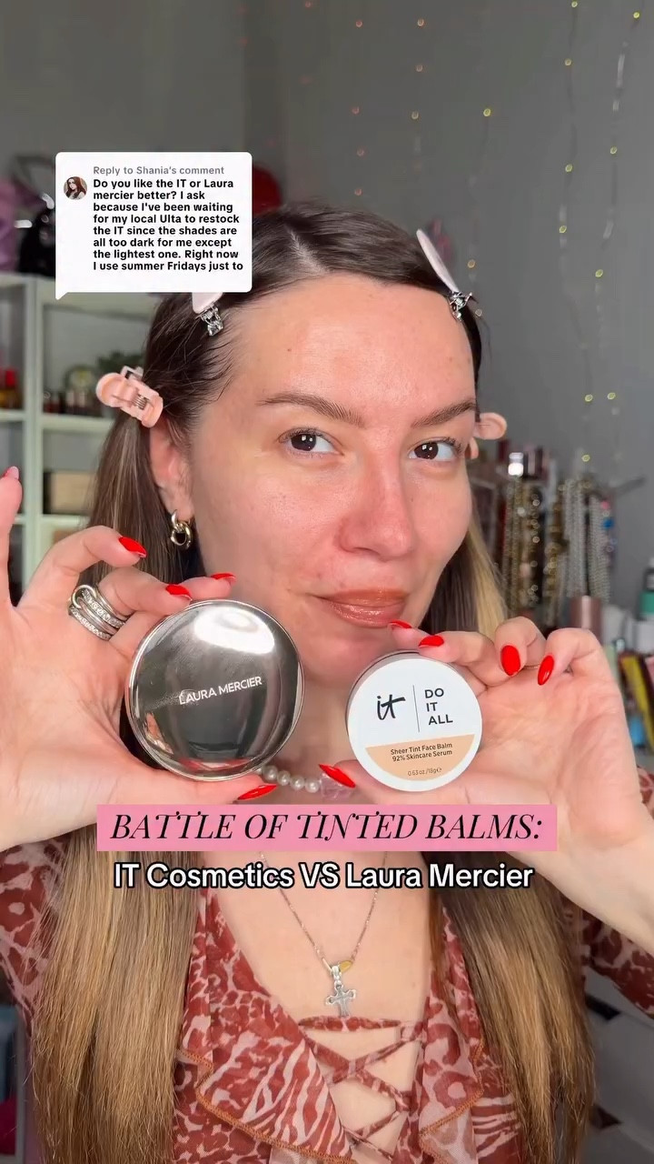 BATTLE OF TINTED BALMS : @itcosmetics VS @lauramercier 🤍🫶🏻

I genuinely love both!
IT Cosmetics is a bit more glowy and hydrating, Laura Mercier is more mattifying and blurring. I set both with loose powder✅

Which side???
#tintedbalm #skintint #foundation #itcosmetics #lauramercier

#LTKBeauty