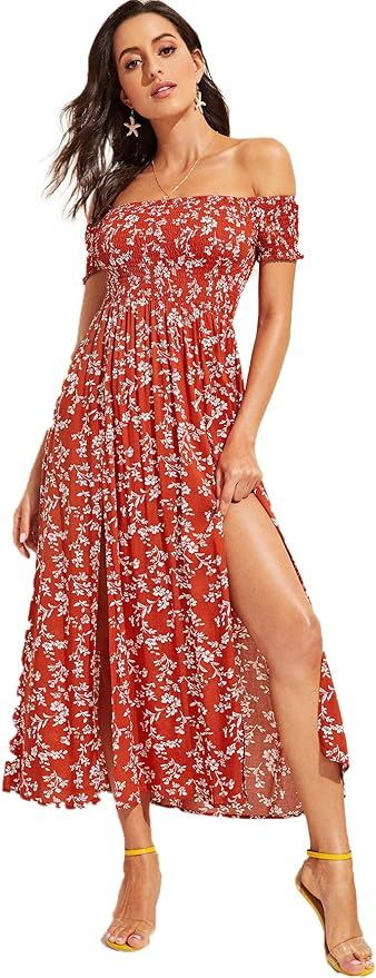 Amazon.com: Floerns Women's Boho Floral Print Off Shoulder Split Long A Line Dress Burgundy S : C... | Amazon (US)