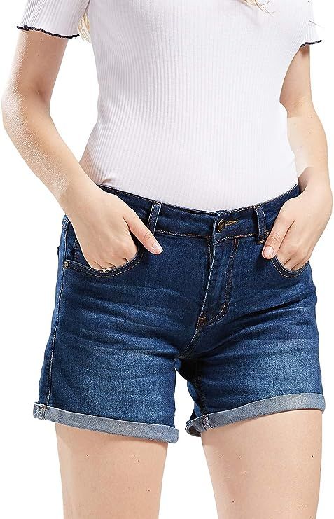 chouyatou Women's Basic Stretched Mid-Rise Turn-Up Cratched Denim Shorts | Amazon (US)