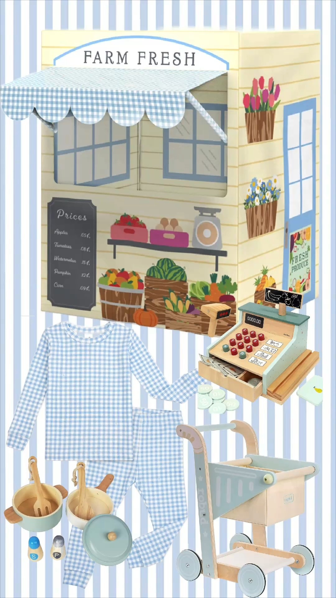 The sweetest pretend play setup 🤍
This Farm Fresh Market play set is a childhood classic—beautiful enough to leave out, fun enough they’ll play for hours. From the rolling shopping cart to the wooden cash register and cozy blue gingham pajamas, every piece encourages imagination, learning, and screen-free play.

Perfect for toddlers & preschoolers, birthday gifts, or Christmas morning magic 🎄
Tap to shop these timeless favorites that grow with your child and look lovely in any playroom.

✨ Heirloom-style
✨ Encourages imaginative & social play
✨ Neutral, traditional color palette

👉 Shop all items linked here

⸻

Optimized Hashtags (Reach + Niche)

#pretendplay
#woodentoys
#toddlerplay
#classictoys
#playroominspo
#screenfreeplay
#childhoodmagic
#montessoritoys
#heirloomtoys
#grandmillennial
#traditionalhome
#kidsgiftideas
#toddlergiftideas
#christmasgiftideas
#birthdaygiftideas
#momapproved
#ltkfinds
#amazonfinds 
#shopmylook
#thebrokebrooke


#LTKKids #LTKFindsUnder50