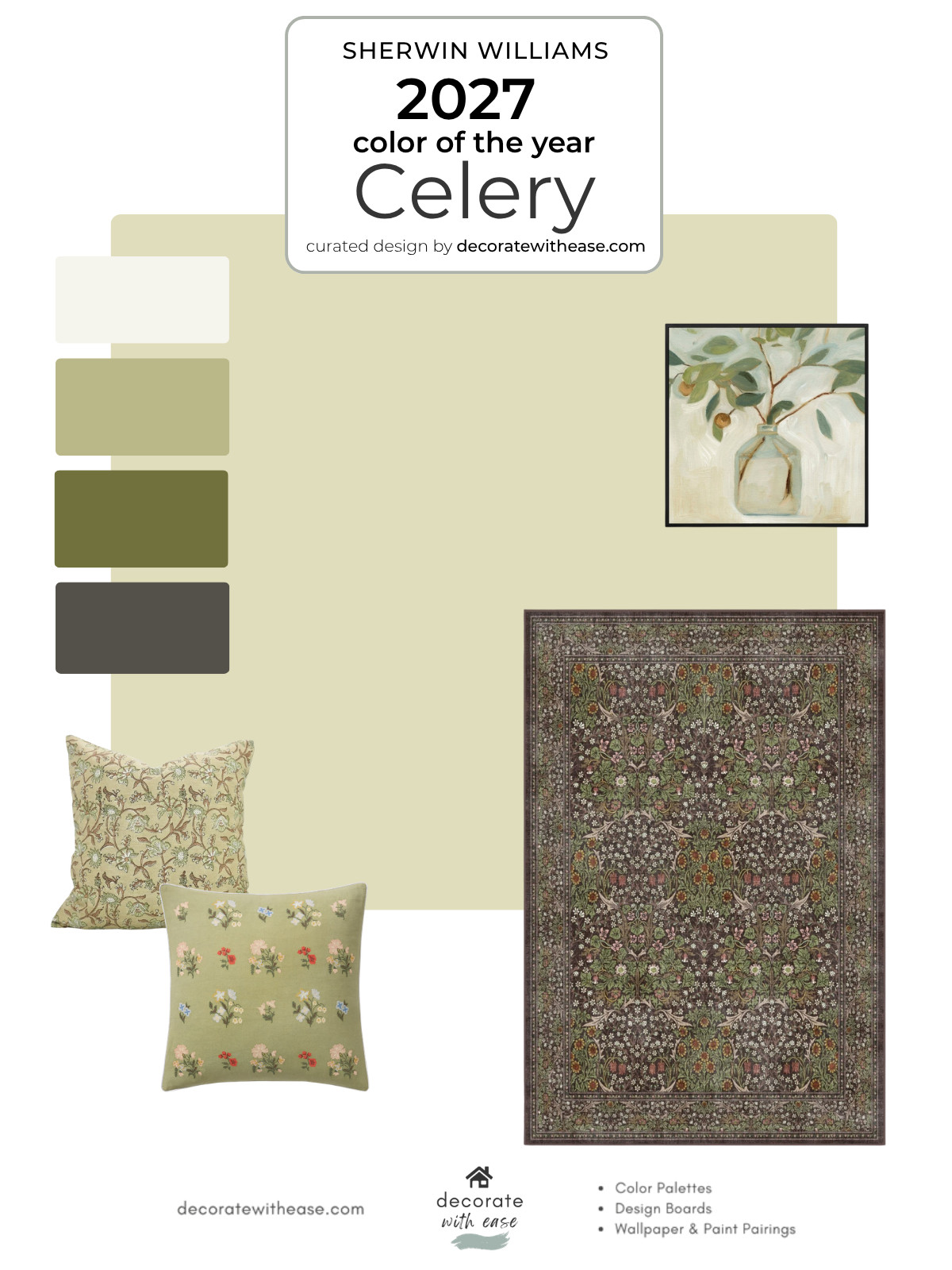 Sherwin Williams 2027 color of the year is Celery and here are some coordinating colors, a washable area rug in a William Morris design, and decor to use with it. 

 #LTKHome #LTKSaleAlert