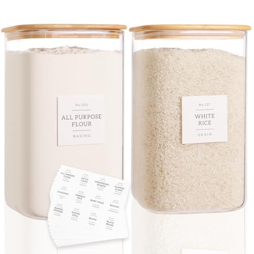 CZZGSM 2 Pack Square Glass Flour and Sugar Containers with 132 Kitchen Pantry Labels - Thicken 149 FL OZ Large Glass Storage Jars with Airtight Bamboo Lid - Big Food Canisters for Rice, Pasta, Cookie | Amazon (US)