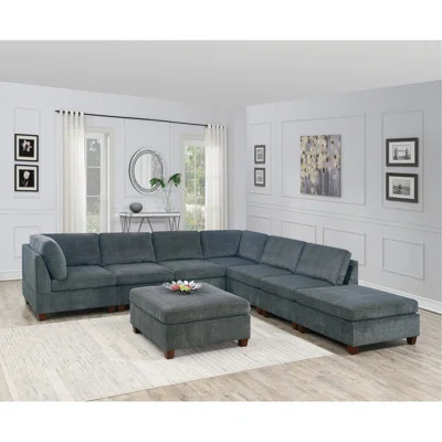 Living Room Furniture Grey Chenille Modular Sectional 8Pc Set Large Corner L-Sectional Modern Couch 2X Corner Wedge 4X Armless Chairs And 2X Ottomans | Wayfair North America