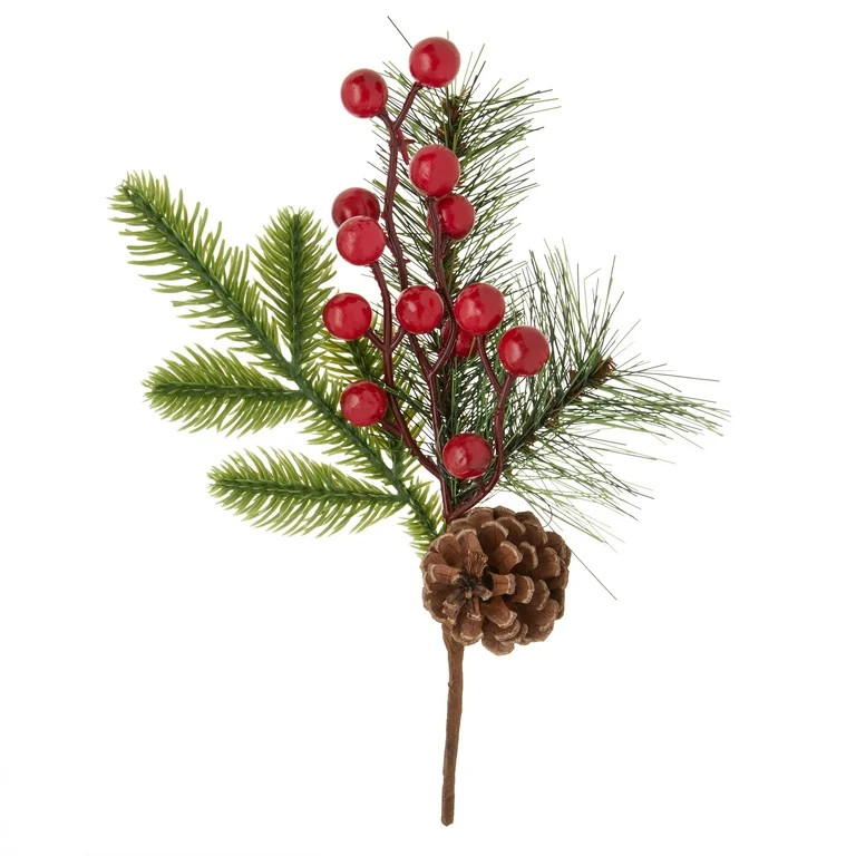 Red and Green Berries and Pinecone Decorative Christmas Pick, 9 in, by Holiday Time | Walmart (US)