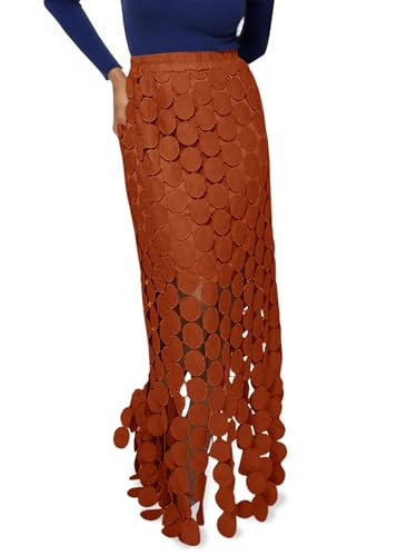 Cicy Bell Womens Hollow Out Maxi Skirts Summer High Waisted Boho Fringe Hem Long Skirt Caramel | Amazon (US)