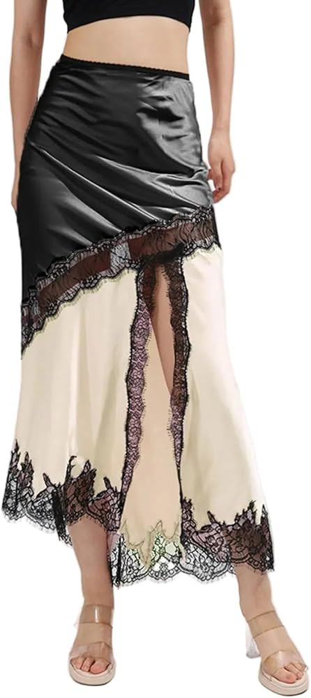 BOSSBABE&CO. Women's Lace Trim Asymmetrical Midi Skirt (The Rania Bottoms) | Amazon (US)