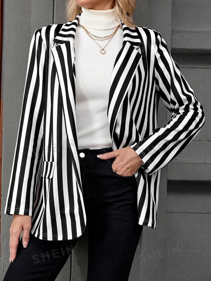 EMERY ROSE Women's Black And White Striped Long-Sleeve Blazer For Fall | SHEIN