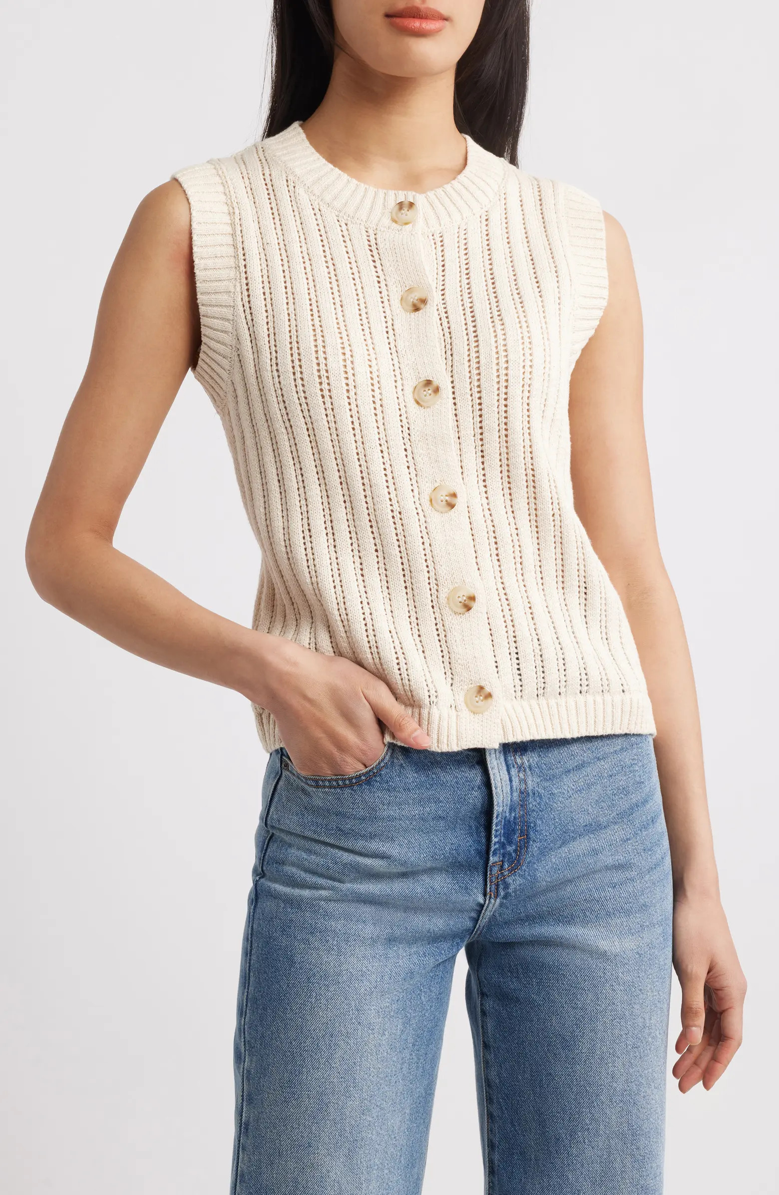 Pointelle Stitch Cotton Button-Up Sweater Vest | Nordstrom