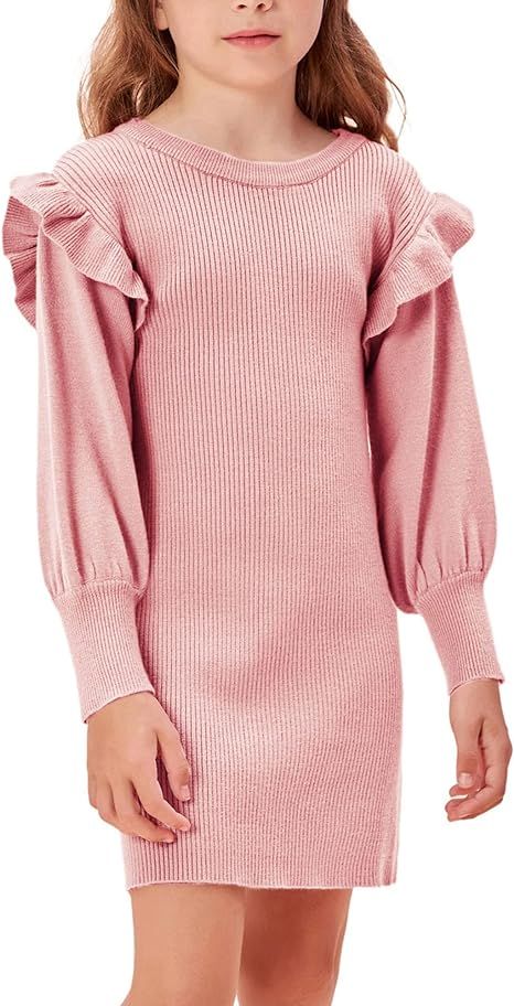 Girls Sweater Dress Crew Neck Lantern Sleeve Dress Knit Ruffled Dress Size 5-14 | Amazon (US)