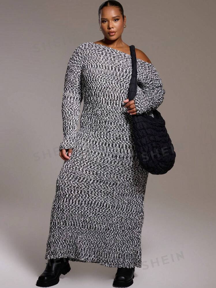 MUSERA Plus Size Knit Asymmetrical Shoulder Long Sleeve Maxi Dress Fall | SHEIN