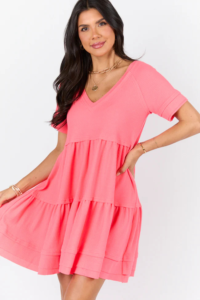 Planning Ahead Coral Waffle Knit Short Sleeve V-neck Dress | Pink Lily
