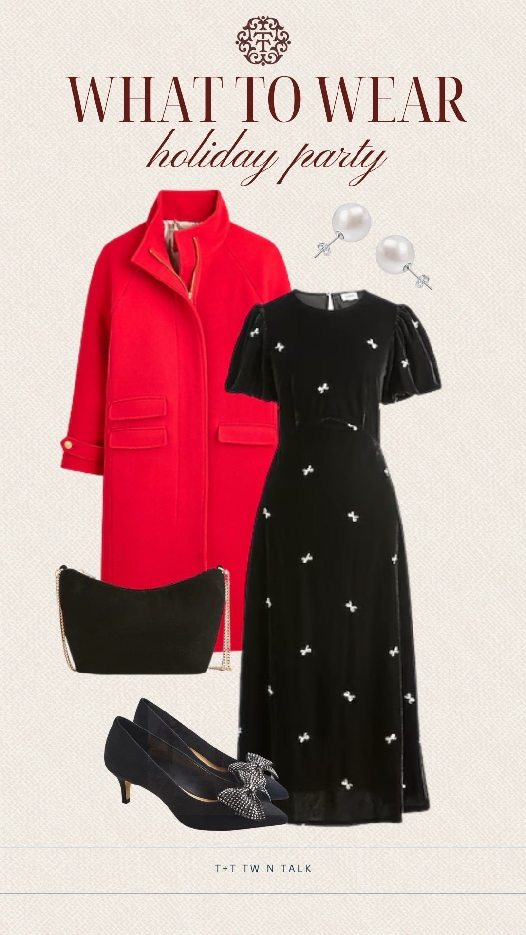 T+T, what to wear for a holiday party. We are loving this gorgeous black dress with jeweled bows on it. We would layer a bright red coat over the top for a pop of color, add pearl earrings, and black purse to complete the look. 

#LTKMidsize #LTKSeasonal #LTKOver40
