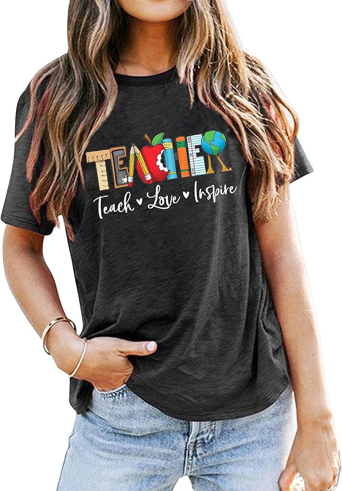 Teach T Shirt for Women Teacher Graphic Tees Tops Teach Inspire Letter Print Shirts Tops | Amazon (US)