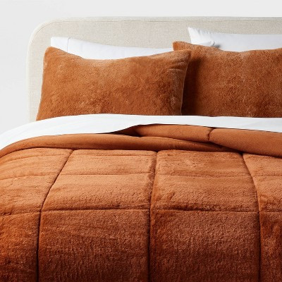 Luxe Box Stitch Faux Rabbit Fur Comforter and Sham Set Brown - Threshold™ | Target