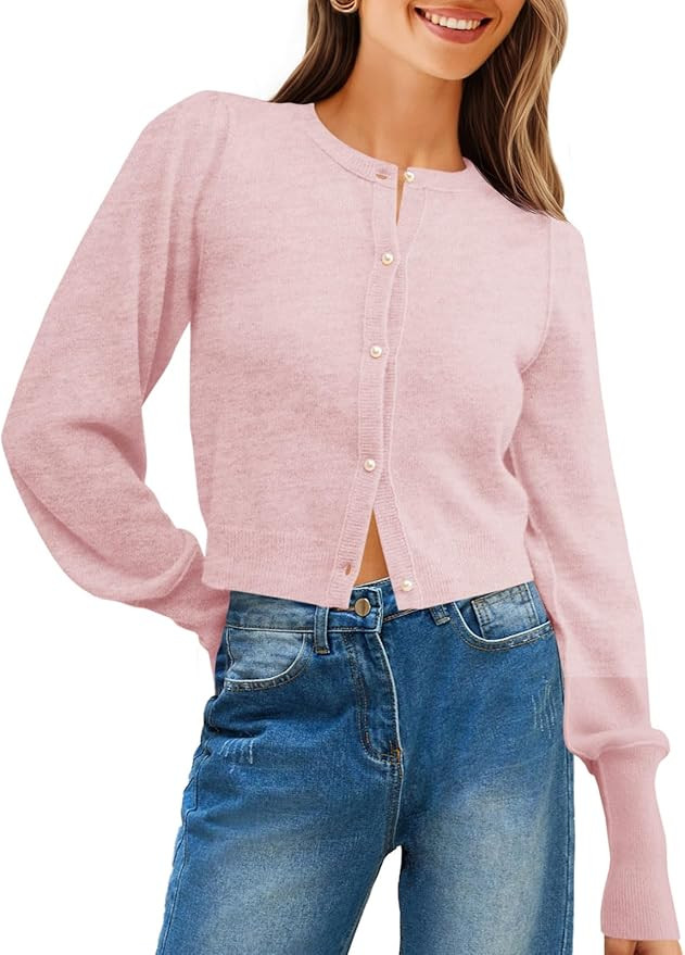 Saodimallsu Womens Cropped Cardigan Sweaters Crew Neck Button Down Long Puff Sleeve Loose Knit Fa... | Amazon (US)